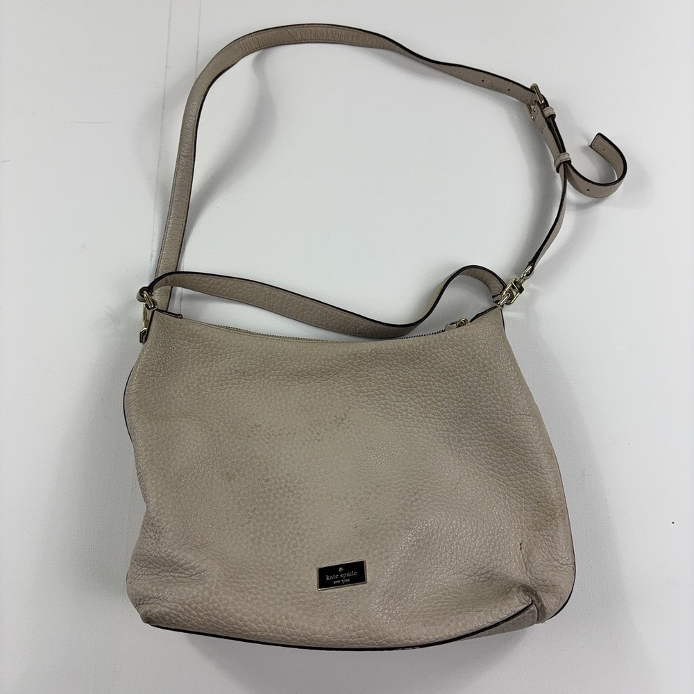 Kate Spade New York Hobo Bag Womens Medium Beige Leather Adjustable Shoulder Zip